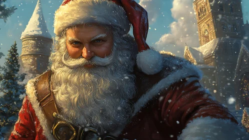 Epic winter warrior Santa strides through a snowy village.