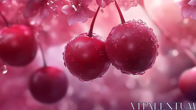 Dew-covered red cherries in soft pink bokeh lighting.