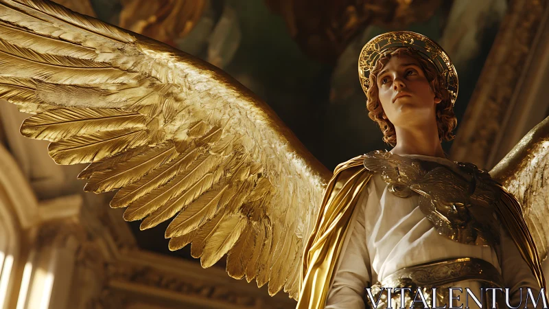 Golden winged figure in ornate interior architectural space.