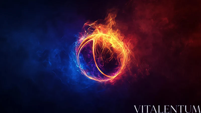 Fiery neon energy ring glows between blue and red void.