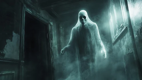 Skeletal ghost drifts through decayed hallway in misty glow.