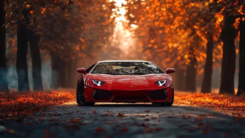 Red supercar parked on tree lined autumn road at dusk.