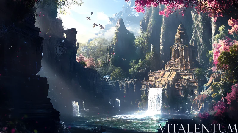 Sunlit terraced temple above twin waterfalls in lush canyon