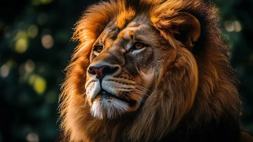 Sunlit lion monarch brooding beneath a forest hush.