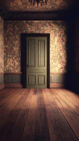 Cinematic low-angle view of closed olive door in vintage hall