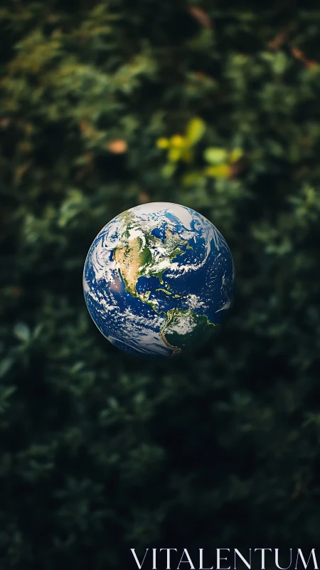Planet Earth suspended over deep green defocused foliage.