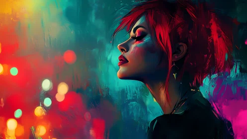 Neon hush around a red haired dreamer in city glow.