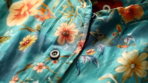 Turquoise Floral Garment Close-Up: Botanical Print Stitching Detail.