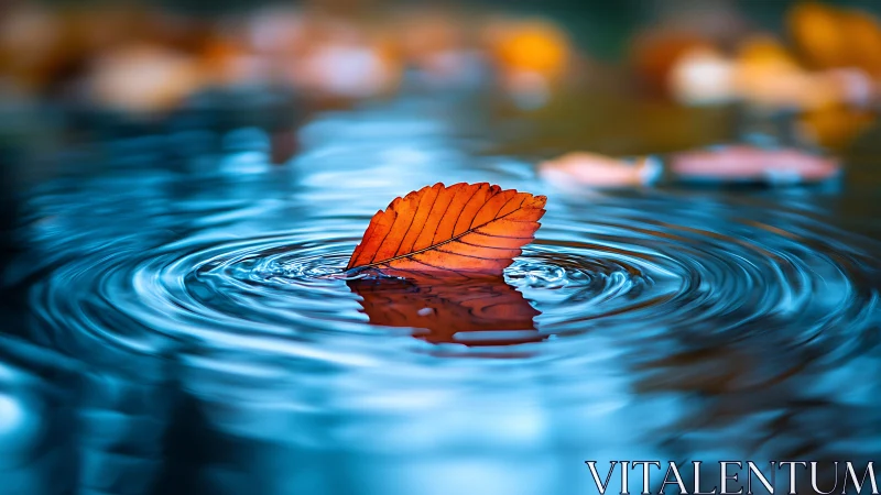 Macro telephoto capture of orange leaf on rippling blue water
