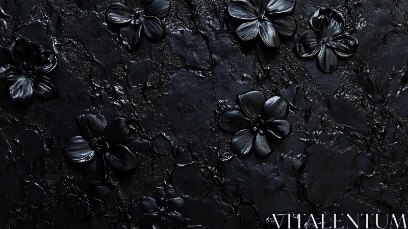 Dark Floral Composition: Black Textured Blooms on Mineral Surface.