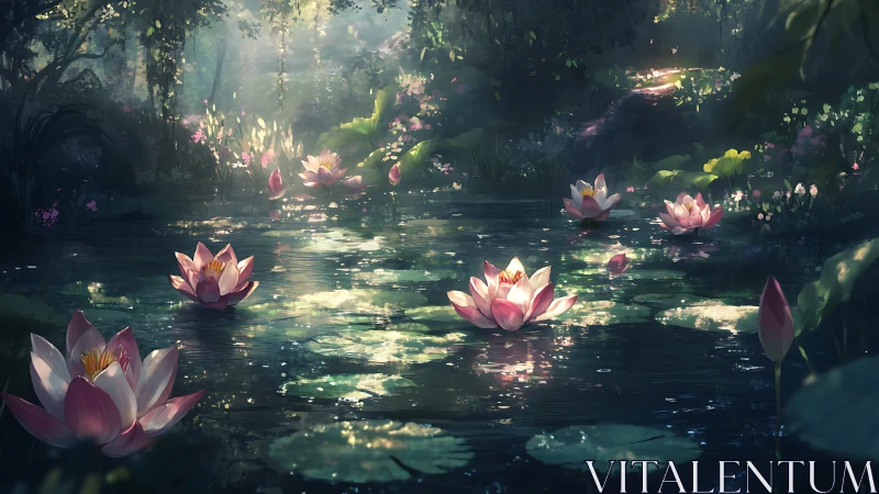 Sunlit lotus pond shimmers softly in a tranquil forest glade
