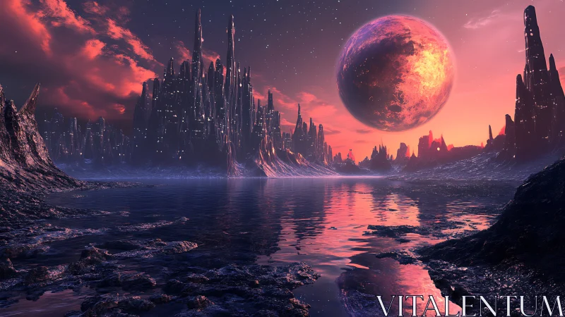 Alien skyline glows under a colossal crimson planet.