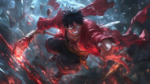 Dynamic anime hero lunging forward amid fiery debris