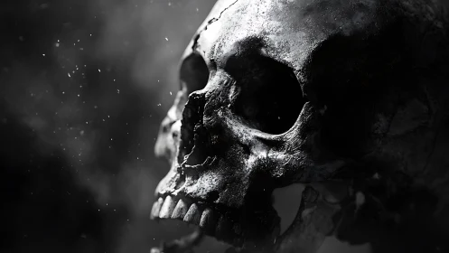 Weathered human skull in stark monochrome close-up profile.