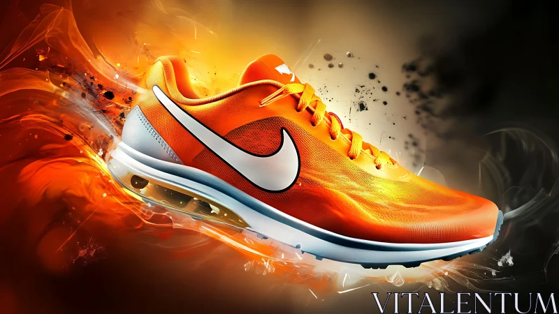 Dynamic orange running shoe with fluid abstract backdrop.