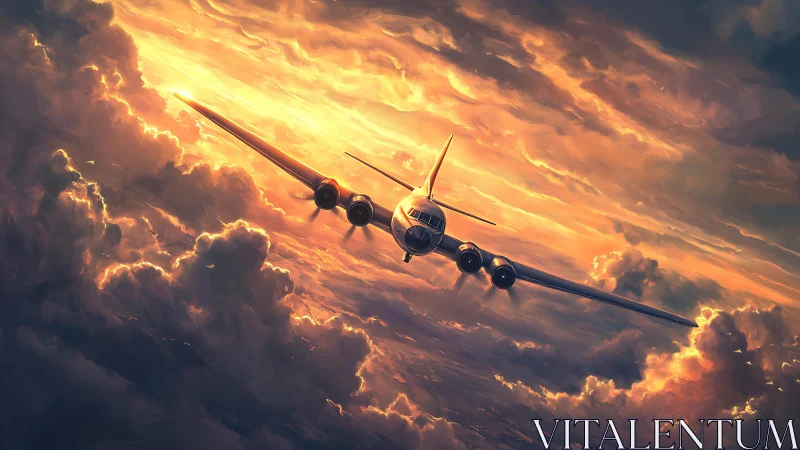 Vintage airliner cuts through stormlit sunset clouds