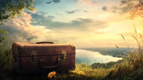 Weathered leather suitcase on riverside cliff at golden sunset