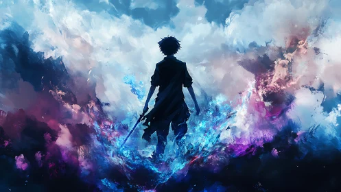 Silhouetted swordsman in turbulent chromatic nebula clouds.