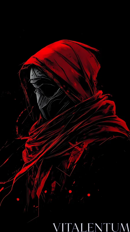 Hooded cyber assassin portrait in red shrouded silhouette.