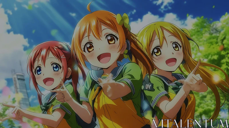 Three anime students pointing forward in outdoor scene.