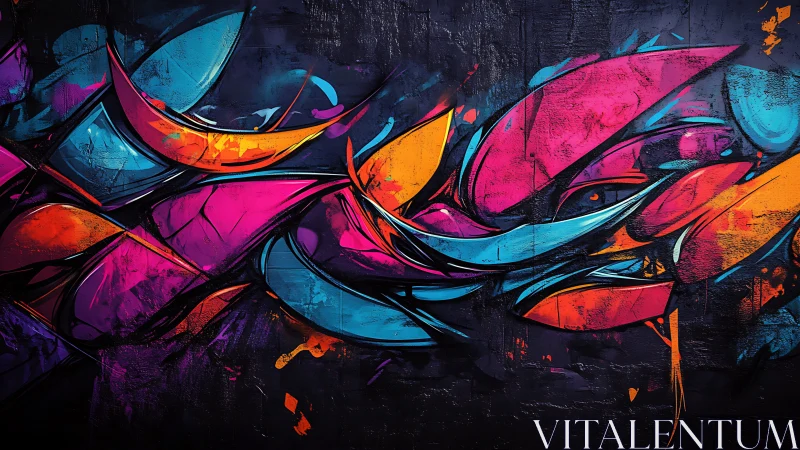 Multicolored abstract graffiti mural on dark textured wall.