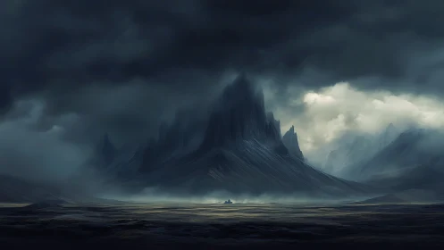 Stormlit spire mountain rises above desolate mist plain