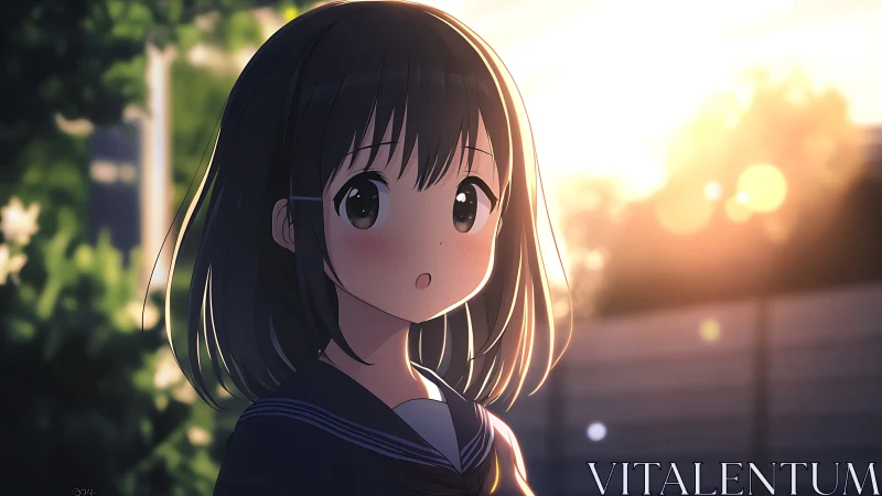 Sunlit anime schoolgirl pauses in a quiet, glowing street