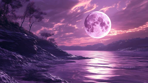 Luminous magenta moon illuminates rocky shoreline and reflective sea