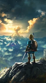 Heroic swordsman overlooking storm-lit volcanic kingdom.