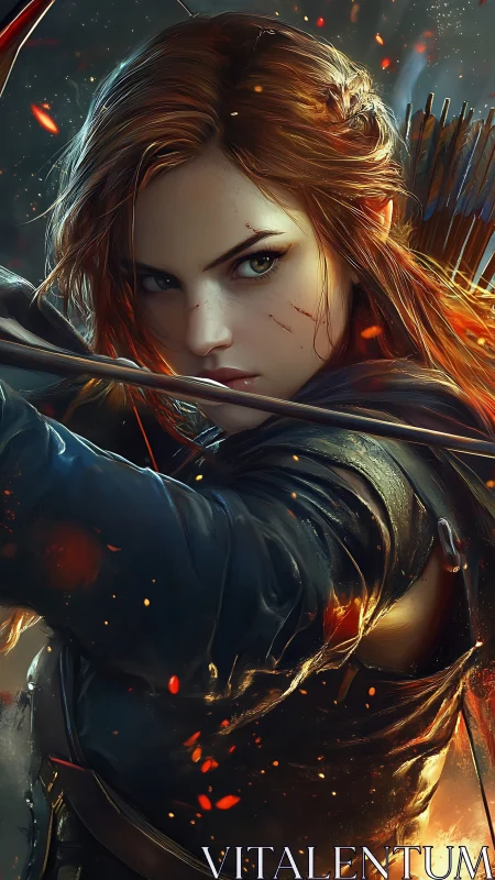 Battle-worn archer draws flaming arrow with dynamic motion blur