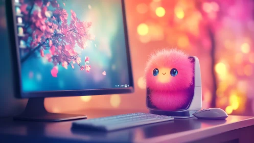 Pink digital creature sits beside desktop monitor on desk