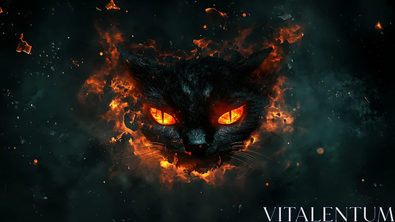 Black cat head emerging from fiery glowing embers.