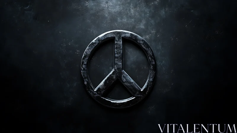 Metallic peace symbol on dark textured background surface.