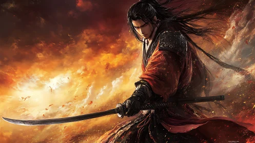 Samurai swordsman in red robe against burning sky backdrop.