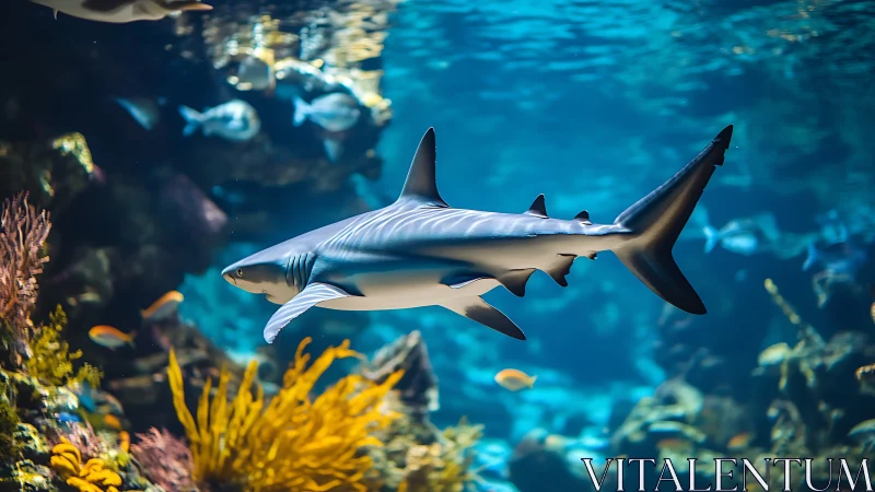 Silverblade shark cruises through jeweled coral kingdom.