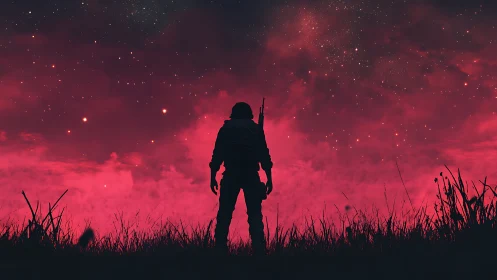 Lone armed wanderer stands beneath a blazing red cosmos