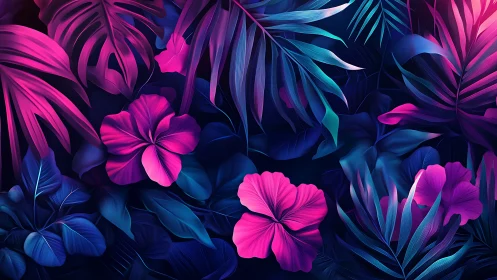 Neon tropical foliage surrounds vivid hibiscus blooms