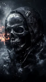 Hooded skull figure in dark smoky environment.