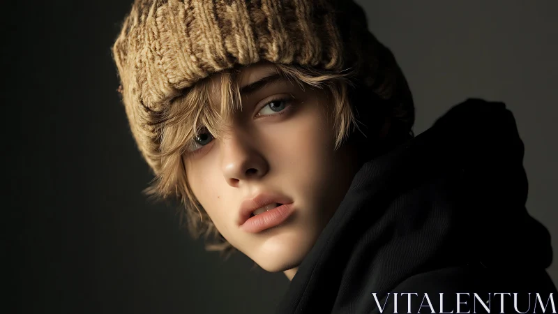 Soft side-lit portrait with knitted beanie and muted palette.