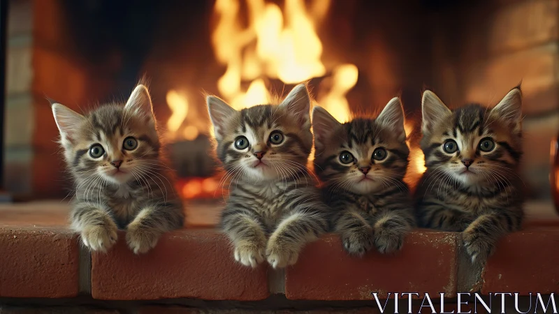 Four Curious Kittens by the Fireplace.