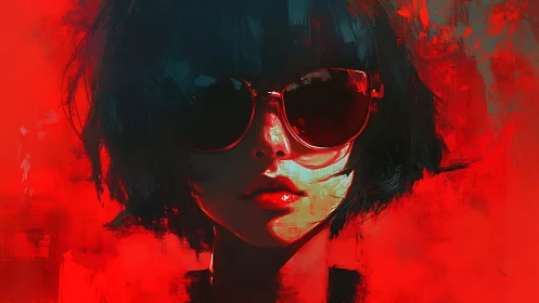 Neon red portrait of woman in glossy sunglasses, digital study