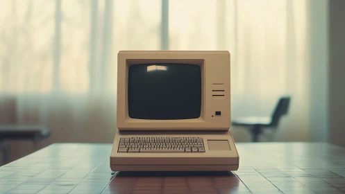Vintage beige desktop computer rests on polished office table