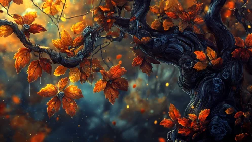 Twisting midnight trunk cradles ember-bright autumn leaves