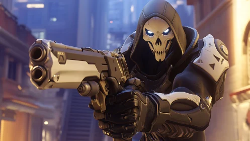 Skull-masked gunman aiming dual pistols in neon alleyway.