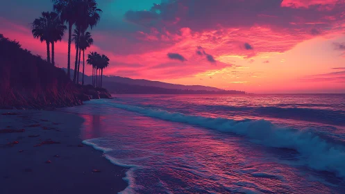 Sunset coastline with palms and vivid magenta sky.