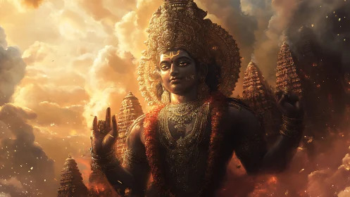 Large deity statue stands before temple towers in dense clouds