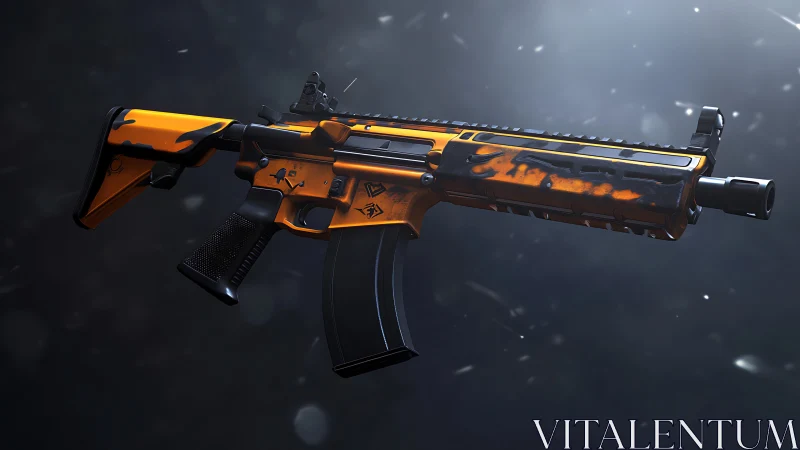 Ballistic carbine render with high-gloss orange tactical chassis.