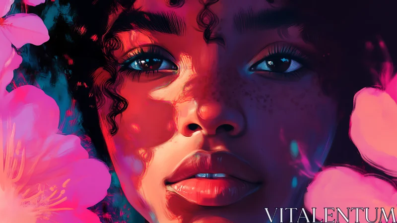 Vibrant digital portrait shows freckled woman amid neon blooms