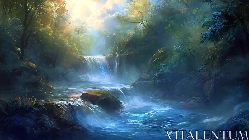 Luminous forest cascade amid misty blue river light.