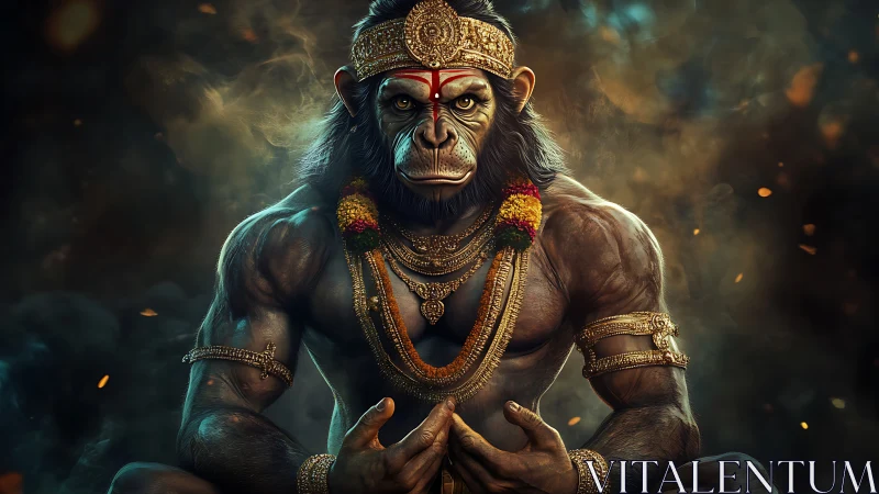 Divine simian warrior breathes firelit calm within smoke